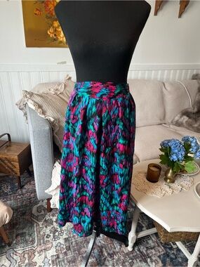 Women’s Vintage Vibrant Teal & Fuchsia Printed Midi Skirt - Size XL 36” Waist